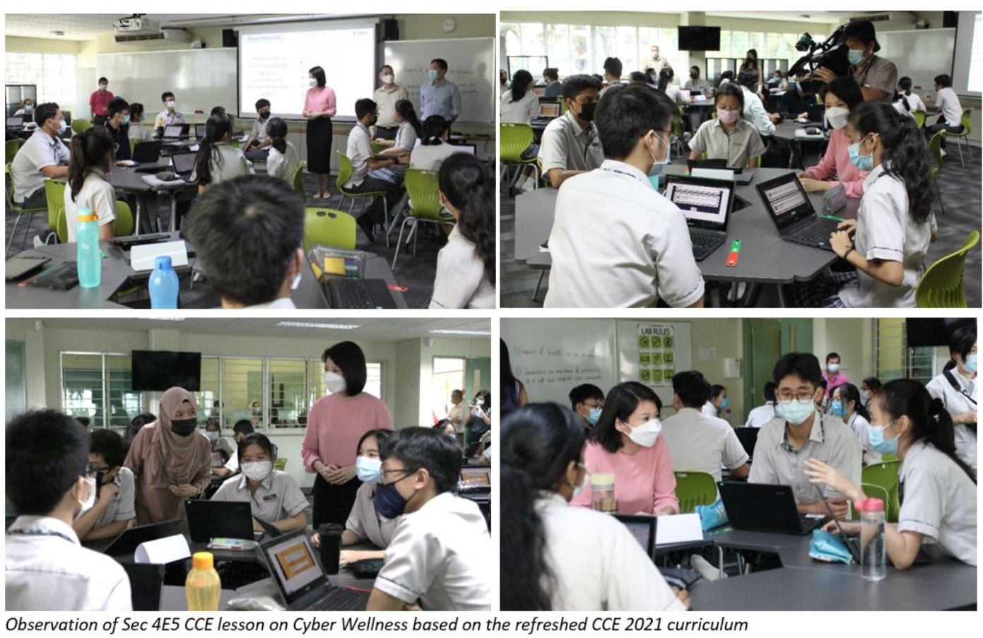 Four photos of masked students and teachers in a classroom during a Cyber Wellness lesson, using laptops at group tables.
